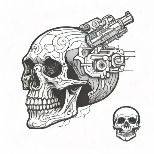 Incorporate a gun barrel morphing into a skull symbol in a blackwork style tattoo design idea