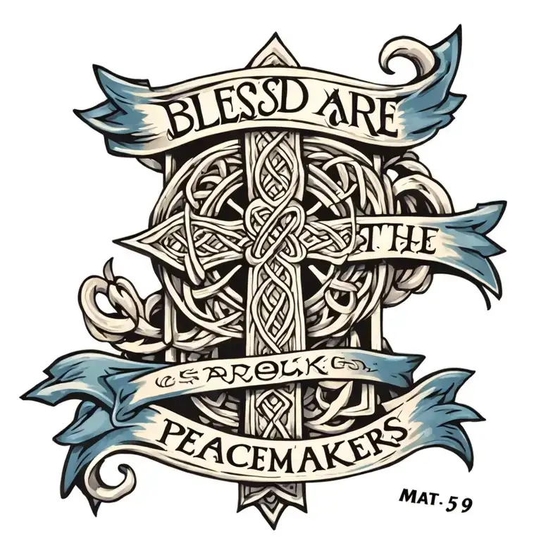 Celtic Cross with ""Blessed are the peacemakers" written on a blue banner draped on the cross.  Mat 5:9 written below tattoo design idea