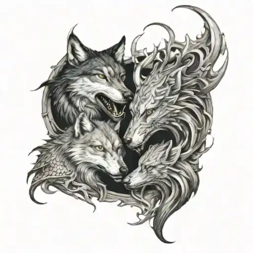A wolf and dragon intertwined in a dark romance scene tattoo design idea