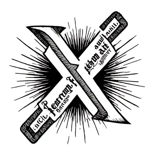 a P with an x over it with the x made out of this text sicut ferrum acuit ferrum sic alius acuit tattoo design idea