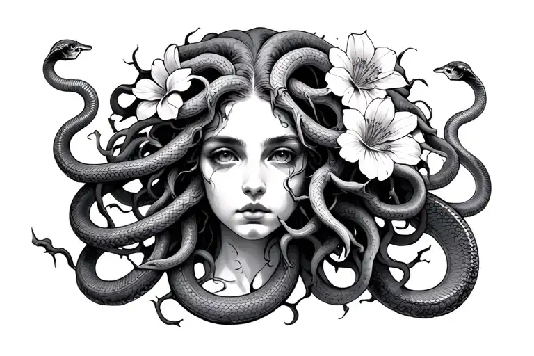 medusa with 7 flowers 6 snakes and 4 cracks coming tattoo design idea