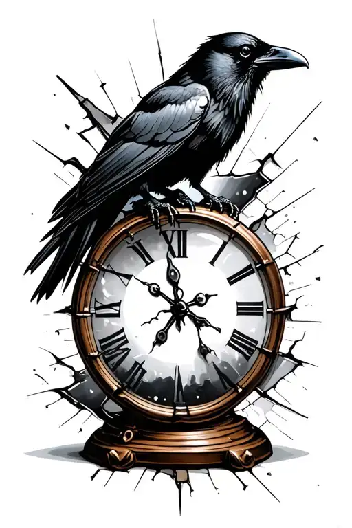 A raven perched on a broken hour glass with distorted time tattoo design idea