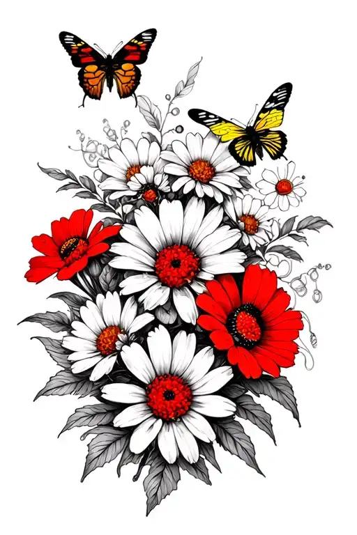 bees honeycomb butterflies flower black and white with red and yellow accents tattoo design idea