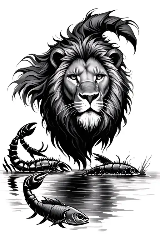 Lion with a scorpion next to him and two fish swimming in a lake tattoo design idea