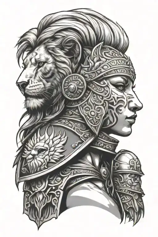 female warrior with lion head profile holding tattoo design idea