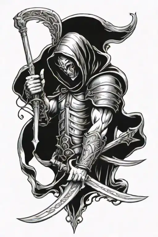 hooded arch angel holding a sword downwards tattoo design idea