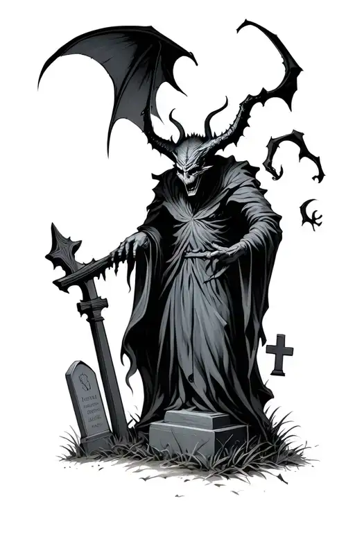demon in a cemetery scene with tombstones tattoo design idea