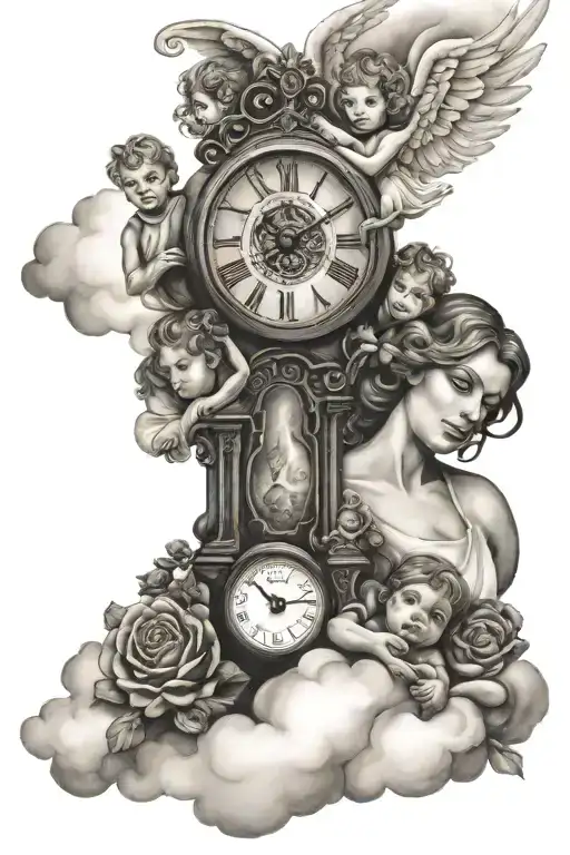 family, 5 children, 2 parents, steps, clock, clouds, angel tattoo design idea