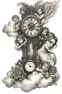family, 5 children, 2 parents, steps, clock, clouds, angel tattoo design idea