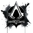 Assassin Creed logo, with the word "Nothing is real" above and "everything is lawful" below, minimal style tattoo design idea