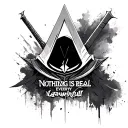 Assassin Creed logo, with the word "Nothing is real" above and "everything is lawful" below, minimal style tattoo design idea