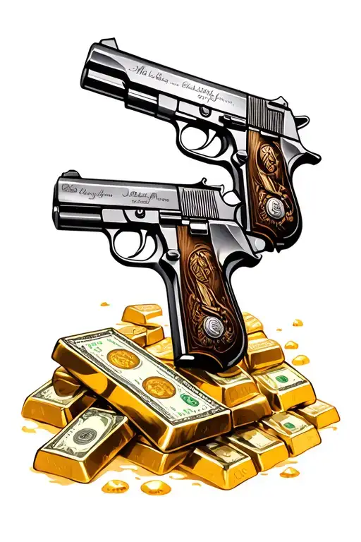 pistols and money and gold bars on beach  tattoo design idea