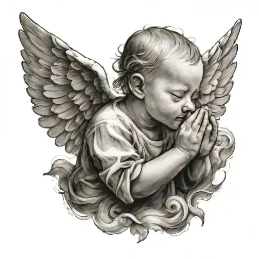 a baby with wings praying at the bottom, then a dove flying over it and above that jesus looking into the distance  tattoo design idea