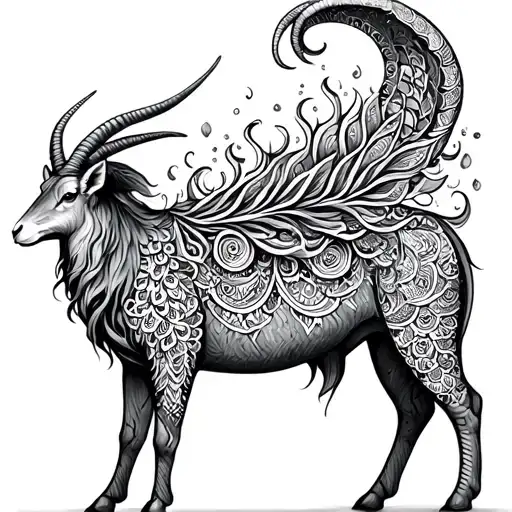 capricorn sea goat (half goat half mermaid) with mandala pattern in the long mermaid tail tattoo design idea