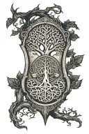 Celtic tree of life centered on a cracked wooden shield with branches growing out irregularly tattoo design idea