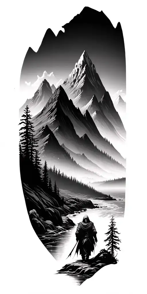 forest with river flowing and mountain range silhouette with a reaper walking through valley tattoo design idea