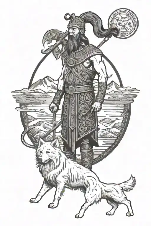 Nordic deity Tyr, in front of a typical Nordic landscape, accompanied by a Samoyed dog sitting at his side tattoo design idea