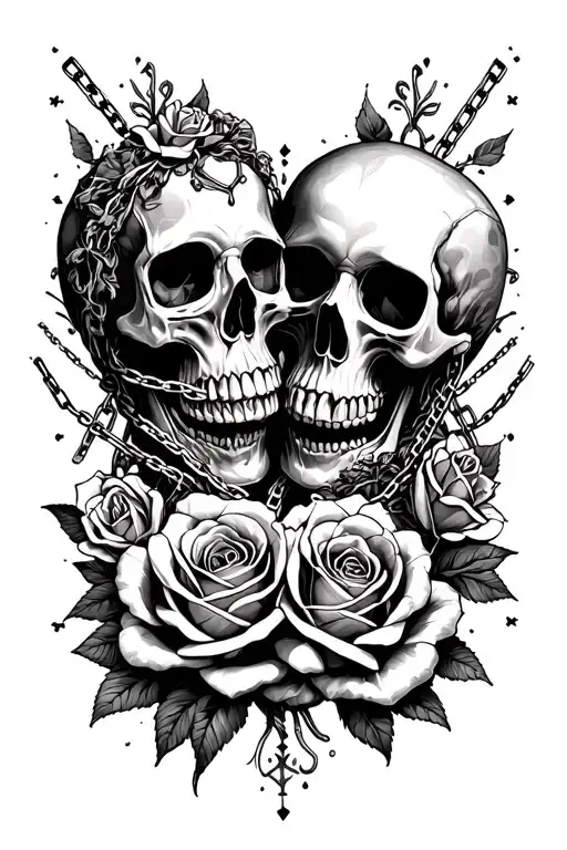 large blackwork old school of skull in love, with roses, chains and abstract lines, black and white shading, gothic  tattoo design idea