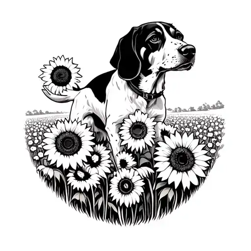 A coonhound chasing sunflowers in a field tattoo design idea