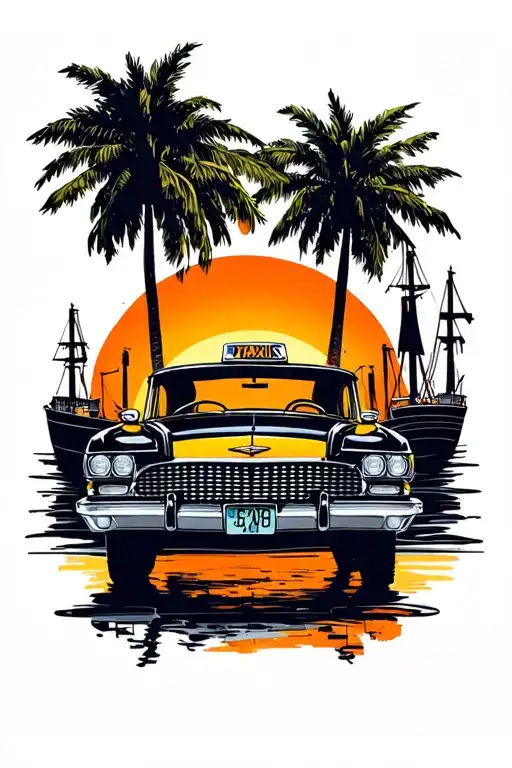 Black taxi with the yellow roof and orange patent in a sunset and in the background a port tattoo design idea