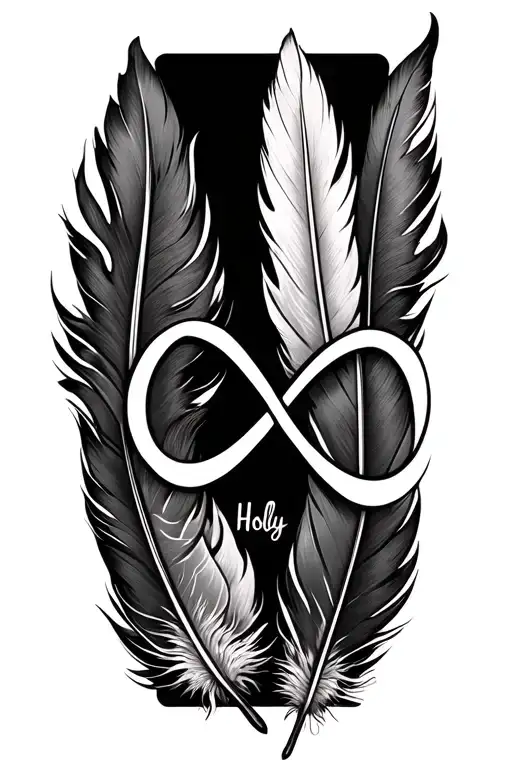 feathers with infinity symbol with name Holly 03/10/1999 tattoo design idea