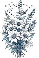 fine line, no colour, bouquet of asters, delphinium, water lilies, morning glory flowers, Leo and Virgo constellations tattoo design idea