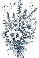 fine line, no colour, bouquet of asters, delphinium, water lilies, morning glory flowers, Leo and Virgo constellations tattoo design idea