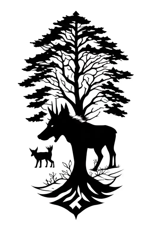 tree with a wolf and a moose and a fox tattoo design idea