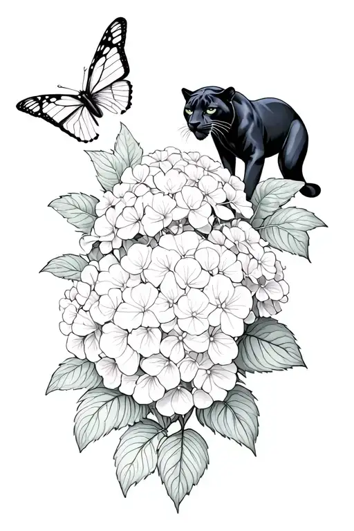 hydrangea sketches with a black panther, also with butterflies and the leaves tattoo design idea