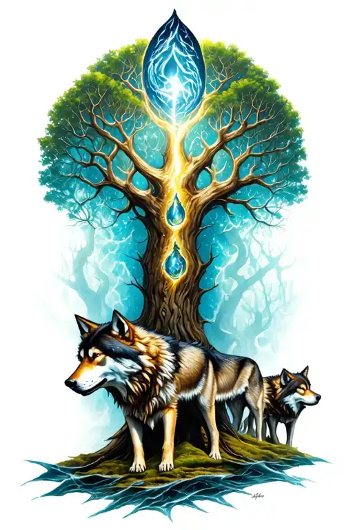 Yggdrasil with 2 wolves beside it tattoo design idea