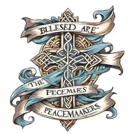 gold celtic cross.  "blessed are the peacemakers" on flowing blue sash draped on cross tattoo design idea