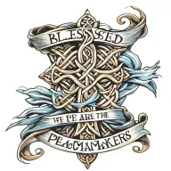 gold celtic cross.  "blessed are the peacemakers" on flowing blue sash draped on cross tattoo design idea