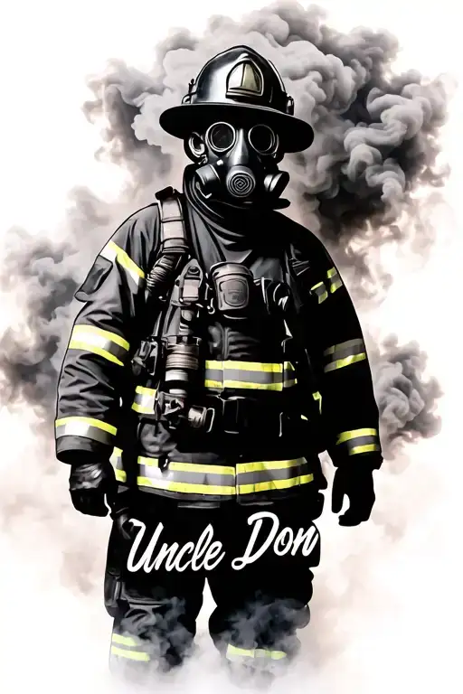 Black silhouette of firefighter in gas mask standing in smoke. Subtle handwritten ‘Uncle Don’ in or below smoke.  tattoo design idea