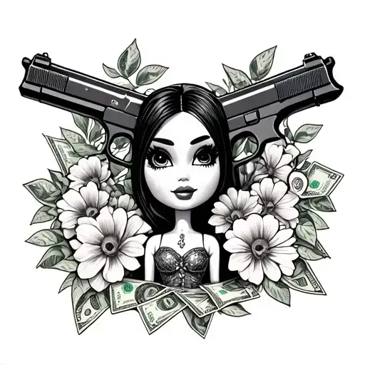bratz doll, flowers guns and money tattoo design idea