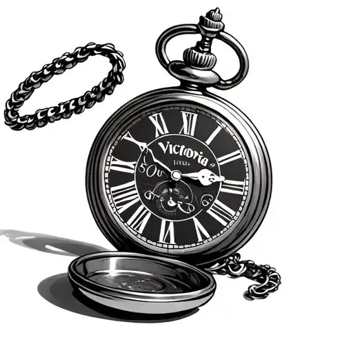opened up pocket watch with name Victoria engraved and time showing 6:24 tattoo design idea