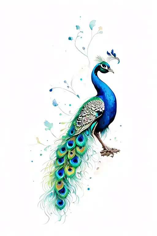 empowering colorful, beautiful peacock tattoo on a woman's foreman using watercolors. tattoo design idea