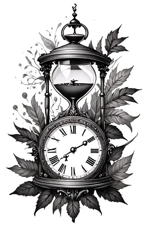 broken clock, hourglass and baroque leaves tattoo design idea