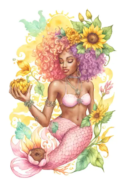 afro mermaid swimming with sunflowers and crown made of rose tattoo design idea
