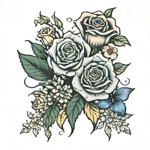 Gypsophila, roses, lilies and daisies tattoo design idea