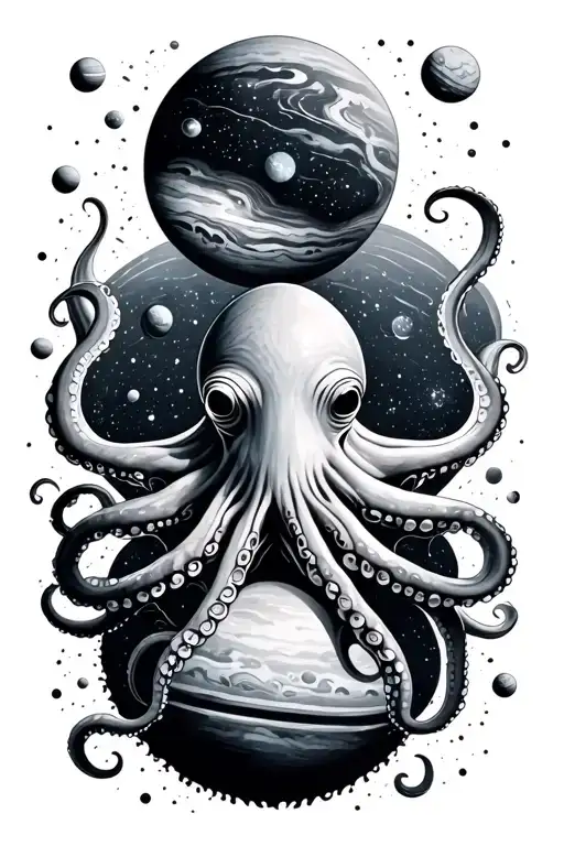 octopus surrounded by the solar system planets tattoo design idea