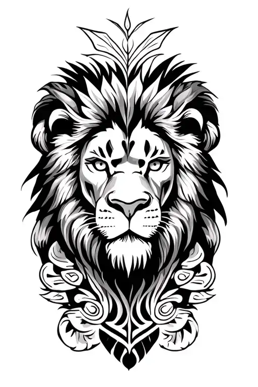 Create a Polynesian style tattoo on the entire left leg - masculine, characterful with a Polynesian lion, from ankle to buttock tattoo design idea
