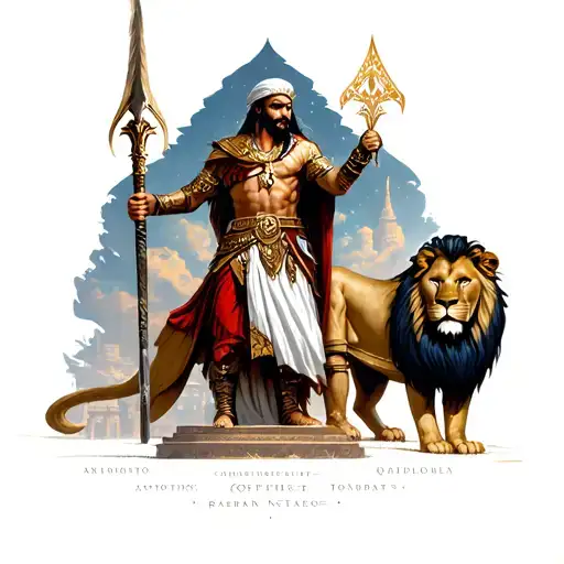 Arabia king warrior hold a special spear after a battle standing on a temple in the night sky with lion next to him tattoo design idea