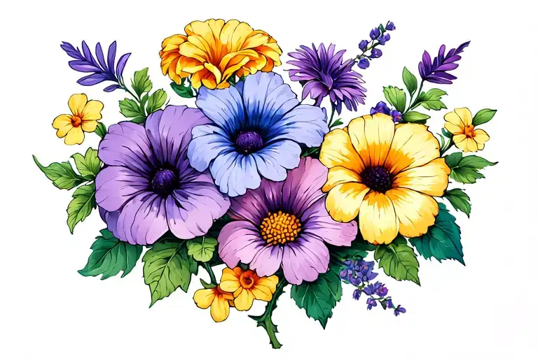chrysanthemum, violet, primrose, morning glory and aster flower heads on a single vine tattoo design idea