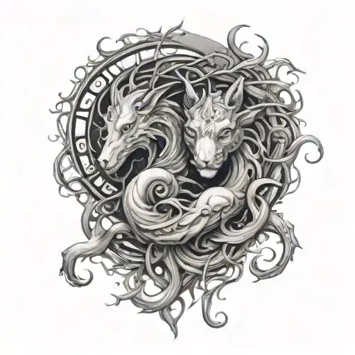 mystical creatures intertwined tattoo design idea