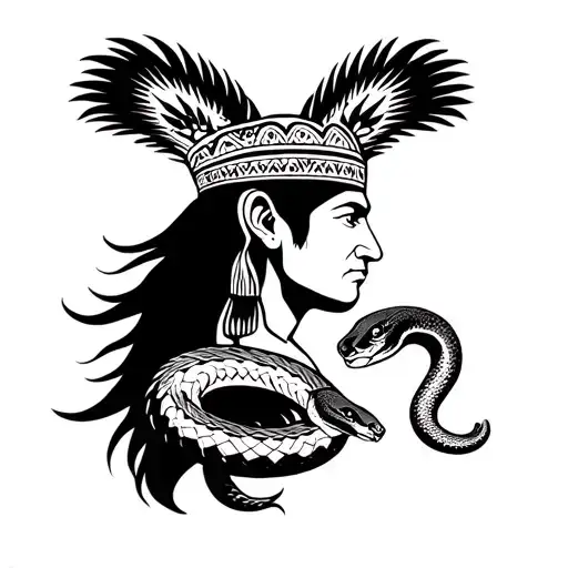 > A black and white symbol. A Mexican profile, majestic, holding a snake. Below, a macuahui tattoo design idea