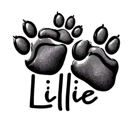 "Lillie" "Lillie" Pet Name with 3 paw prints staggered above  tattoo design idea