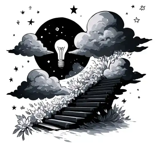lightbulbs stairway to Heaven, clouds flowers stars tattoo design idea