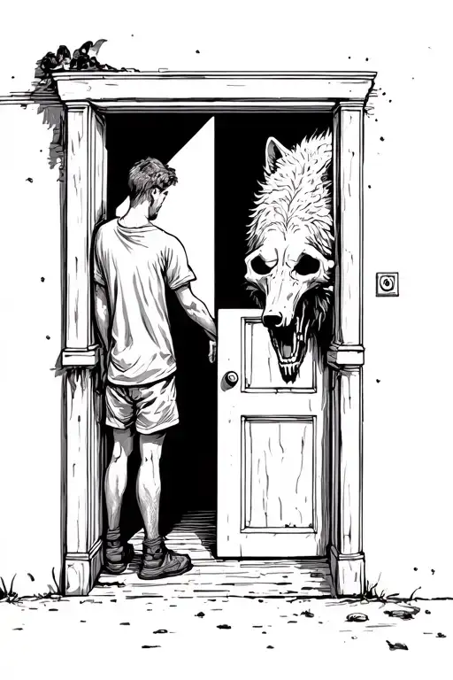 The guy is standing in the doorway, holding onto the edges of the door with his hands, and a wolf's skull is emerging fr tattoo design idea