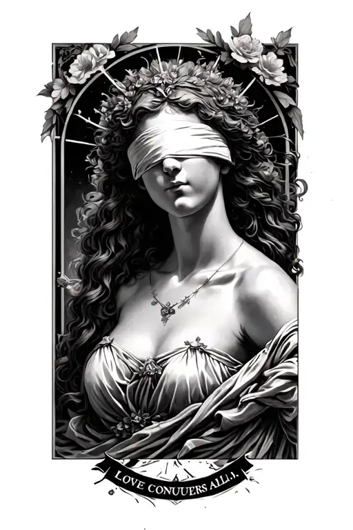 "Love conquers all. Valeria." Rome Panteon with Goddes Fortune Blindfolded tattoo design idea