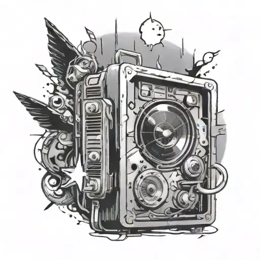 A tattoo featuring a big black hole that sucks in little object like cassette, saxophone,  devil ac/dc, pikachu tail... tattoo design idea